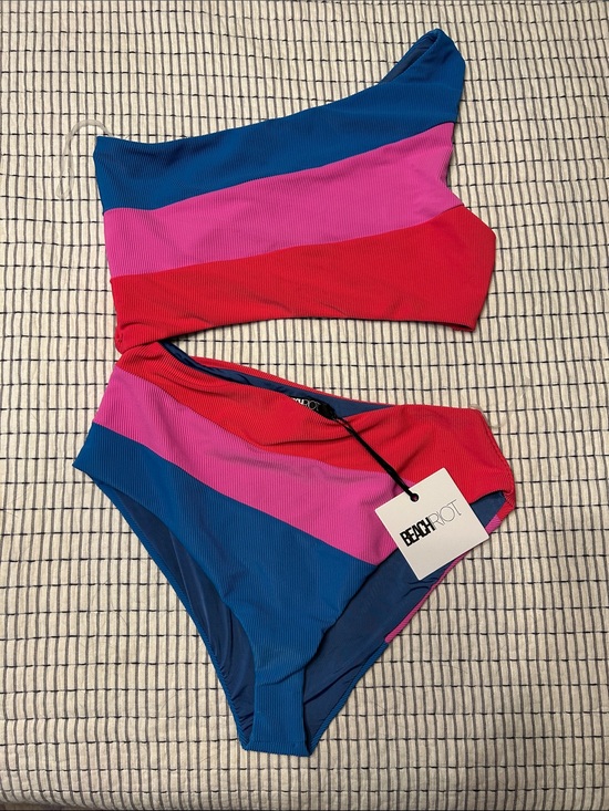 Beach Riot Other - Beach Riot One-Shoulder Colorblock Cutout Swimsuit in Blue, Pink, Red